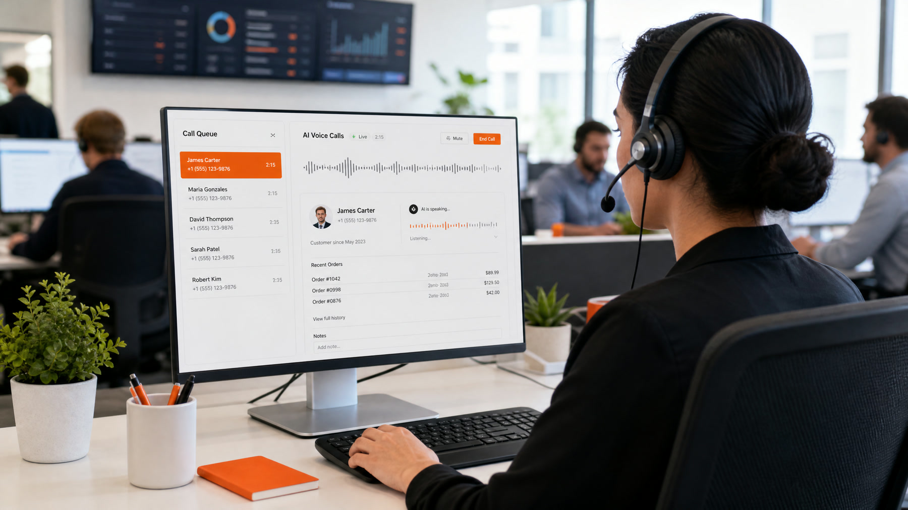 AI receptionist monitoring live voice calls on a call operations dashboard